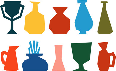 Set of simple shape abstract vases. Bright stylized silhouettes of ceramic pots. Various collection of trendy minimalistic vessels. Geometric pottery. Isolated vector illustration.