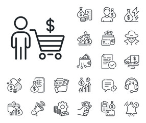 Customer sign. Cash money, loan and mortgage outline icons. Buyer with shopping cart line icon. Supermarket client symbol. Buyer line sign. Credit card, crypto wallet icon. Vector