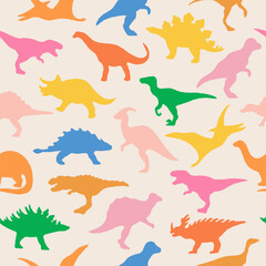 Dinosaurs seamless pattern in vivid pastel colours. Background with dinosaurs silhouettes.