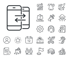 Incoming and Outgoing call sign. Salaryman, gender equality and alert bell outline icons. Phone Communication line icon. Conversation or SMS symbol. Phone Communication line sign. Vector