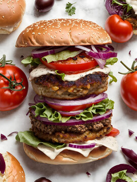 Hamburger stock image with plenty of ingredients produced with artificial intelligence