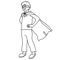 kid pretending to be superhero, line drawing / doodle
