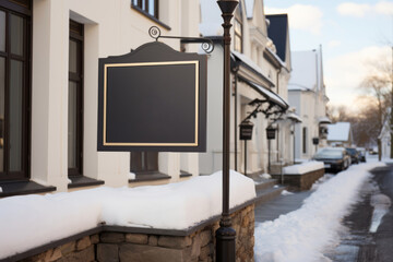 Blank black sign mockup for company or cafe logo. Winter city street. Generative AI
