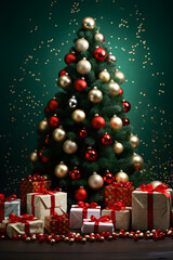 Christmas tree with red shiny spheres with gifts on the floor and green background with small lights.