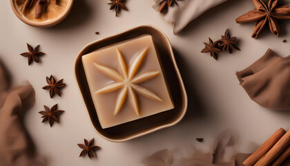 Overhead view of handmade soap with cinnamon and anise star
