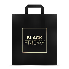 Black Friday shopping paper gift bag vector illustration, with golden print isolated on a white background.
