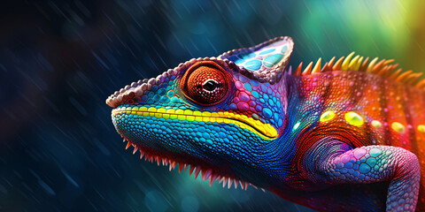 close up of a colorful chameleon, rainbow, shimmering, reptiles, wildlife