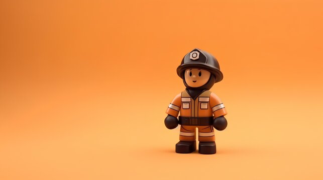 Naklejki a 3D character of a firefighter dressed in full gear, on a pastel orange backdrop. copy space. generative AI