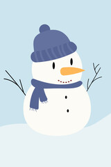 Snowman in flat style. Card design for New Year's greetings