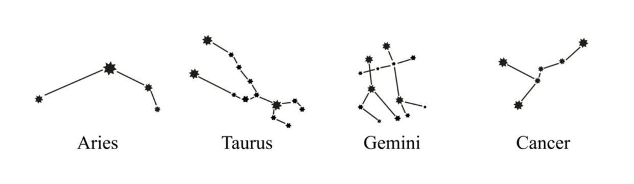 Zodiac constellations signs set vector. Constellations, collection of zodiac signs with names.
