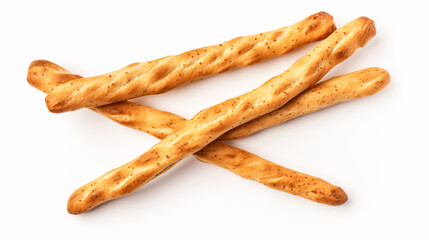 Isolated crispy grissini, salted breadstick and dry homemade pretzel on a white background.