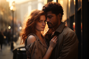 A romantic couple. A young caucasian red haired woman and young African man embrace on a city street at sunset. Relationships, love between people of different races