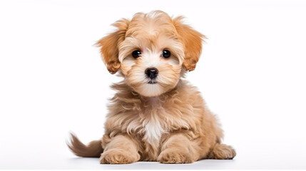 A cuddly Maltipoo pup postures serenely against a pure white backdrop.
