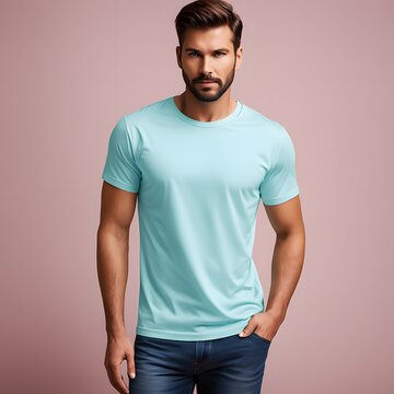 Elegant young handsome man in blue t-shirt