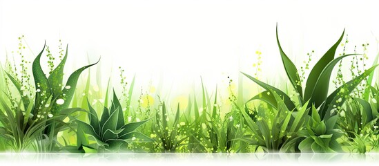 The background of the isolated nature illustration is filled with vibrant green plants representing the soothing and healing properties of aloe vera in cosmetic and health care products that