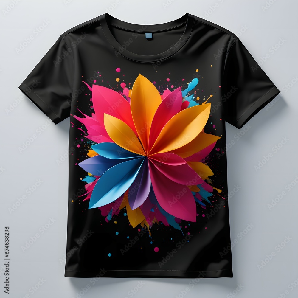 Wall mural T-shirt mockup with abstract flower made of colorful splashes