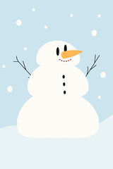 Snowman with snowflakes.Winter snowy day background.