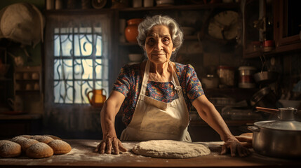 Fototapeta na wymiar An elderly Latin female is concocting homemade loaf in her cookhouse.
