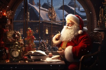 Magical Christmas background with Santa Claus. Winter fairytale style. Holiday celebration concept.