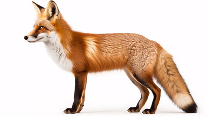 A solitary Red fox observed from a side perspective standing on a plain backdrop.