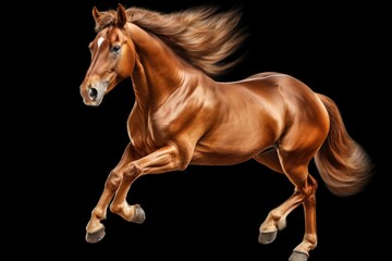 Obraz premium A powerful brown horse is captured in mid-gallop against a striking black background. Perfect for equestrian enthusiasts or anyone looking to add a touch of grace and strength to their designs.