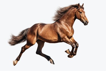 Obraz na płótnie Canvas A brown horse is captured in motion as it gallops against a white background. This dynamic image can be used to depict freedom, strength, or the beauty of nature in various projects.