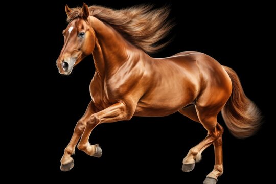 A powerful brown horse is captured in mid-gallop against a striking black background. Perfect for equestrian enthusiasts or anyone looking to add a touch of grace and strength to their designs.