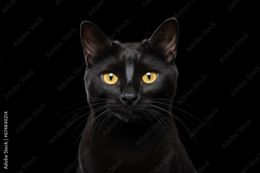 Poster a close-up view of a black cat with piercing yellow eyes. this image is perfect for halloween-themed