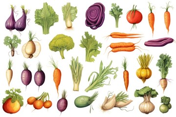 A collection of various types of vegetables neatly arranged on a white background. Perfect for food blogs, healthy eating articles, or recipe websites.
