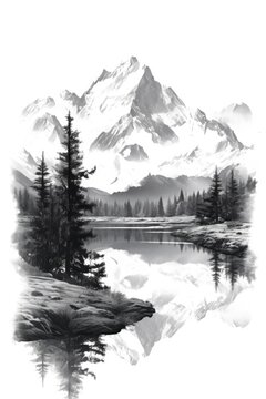 A black and white drawing of a mountain range. This picture can be used for various purposes, such as illustrating nature, landscapes, or outdoor activities.