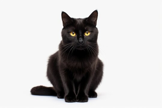 A black cat with yellow eyes sitting on a white surface. This picture can be used to depict a domestic cat or for Halloween-themed designs.