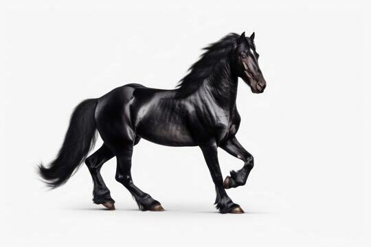 A powerful black horse running at full speed on a clean white background. Perfect for equestrian-related designs or concepts.