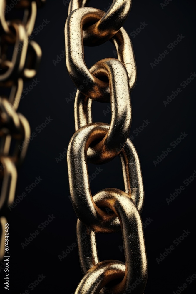 Poster A close-up view of a chain on a black background. This image can be used to symbolize strength, security, or connection. Ideal for design projects, presentations, or website backgrounds.