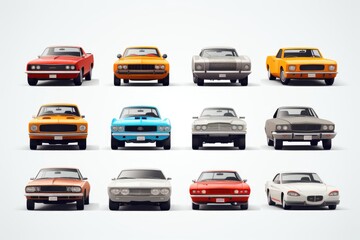A collection of various colored cars arranged on a white surface. Suitable for automotive themes and transportation-related projects.