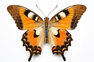 A vibrant orange and black butterfly resting on a clean white surface. This versatile image can be used in various projects and designs.