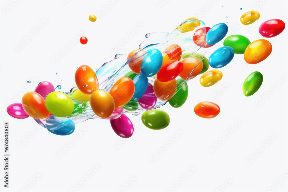 Poster A vibrant and playful image of jelly beans soaring through the air. Perfect for adding a touch of color and whimsy to any project or design.