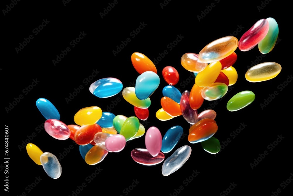 Poster A captivating image of a bunch of jelly beans floating in the air. Perfect for adding a touch of fun and color to any creative project or advertisement.
