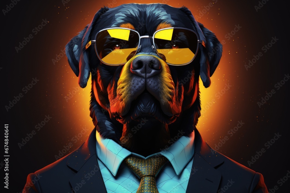 Poster a stylish black dog wearing sunglasses and a suit. perfect for adding a touch of sophistication to a