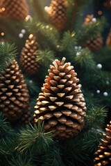 A group of pine cones sitting on top of a pine tree. This image can be used to depict nature, forestry, or the beauty of the outdoors.