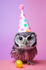 A cute small owl wearing a party hat is standing next to an orange. This image can be used for various celebrations and festive occasions.