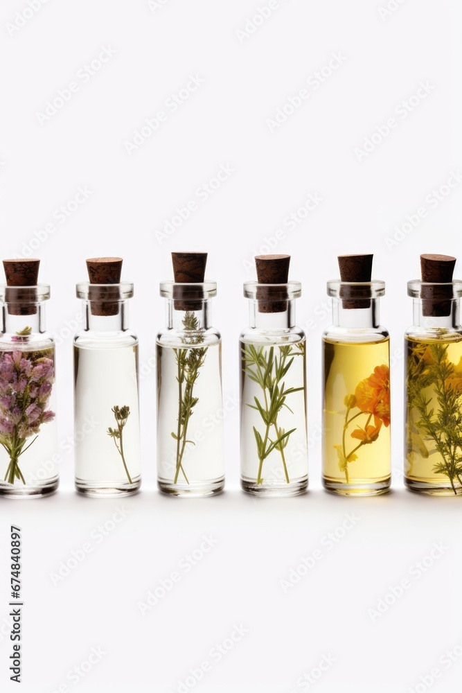Poster a row of bottles filled with different types of flowers. can be used for floral arrangements or as d
