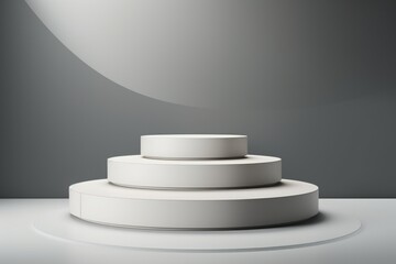 Obraz premium A picture of a white pedestal placed in a room with a gray wall. This image can be used to showcase artwork or as a minimalist interior design element.