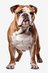 A brown and white dog standing on a white surface. Suitable for pet-related content or animal-themed designs.