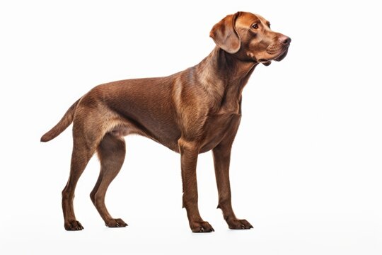 A brown dog standing on top of a white floor. This image can be used for pet-related advertisements or blog posts about dog training.