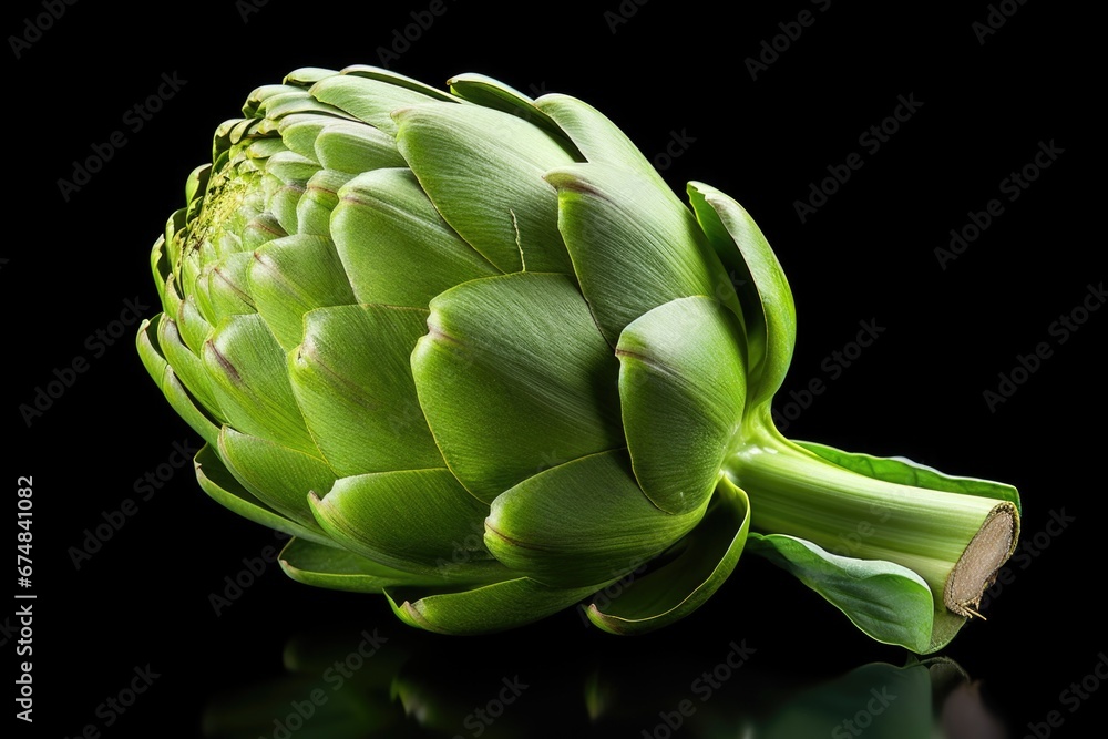 Aufkleber a close-up view of a green artichoke placed on a sleek black surface. this image can be used to depi