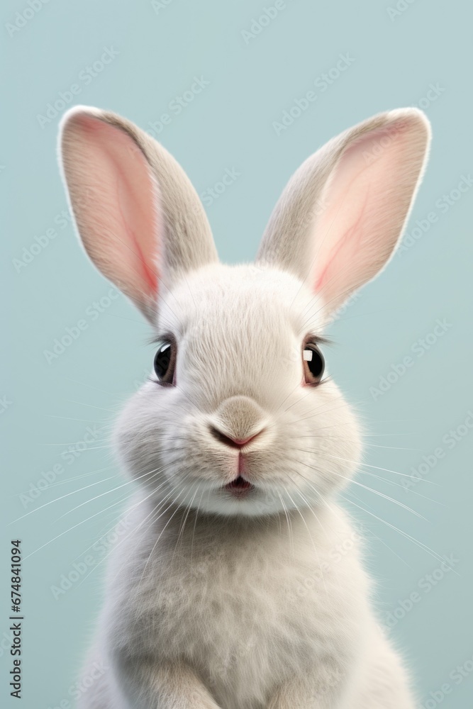 Poster a close up view of a white rabbit on a vibrant blue background. this image can be used for various p