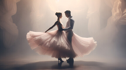 A mesmerizing slow-mo snap showing supple ballet dancers doing a duo against a scenery of faint tinted shades and dreamlike stage lighting.