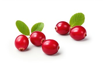 A group of cranberries with leaves on a white surface. Suitable for food photography or holiday-themed designs.