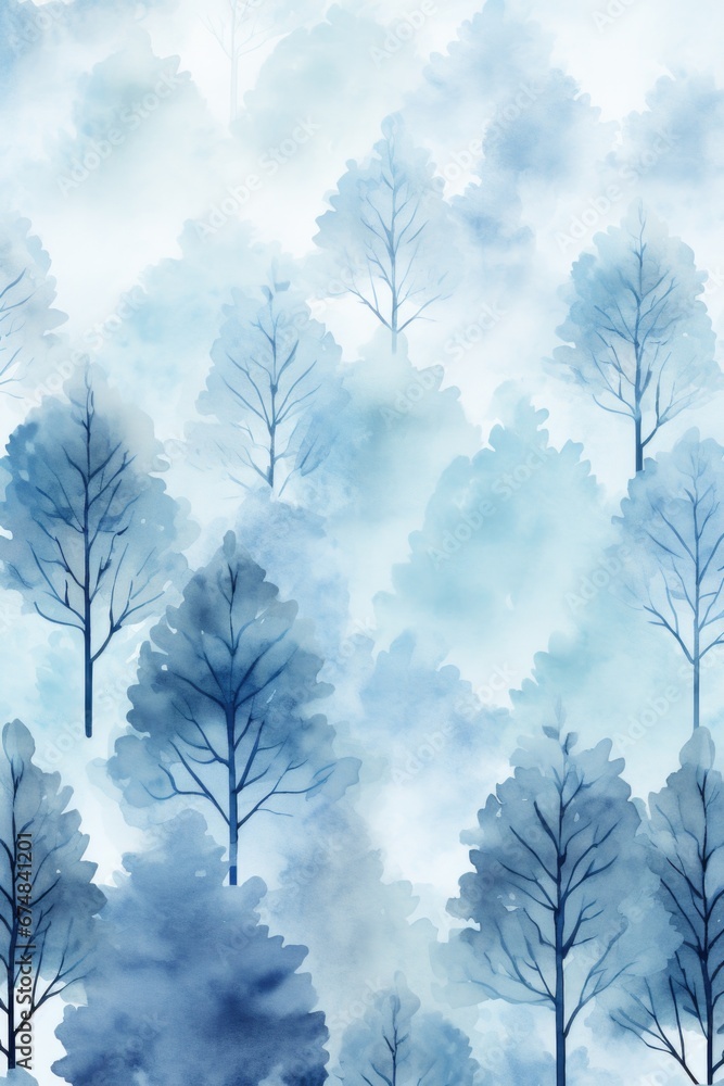 Poster a beautiful watercolor painting of trees in shades of blue and white. this artwork can be used to ad