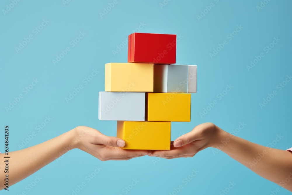 Poster a picture showcasing two hands holding a stack of colorful blocks. perfect for educational materials
